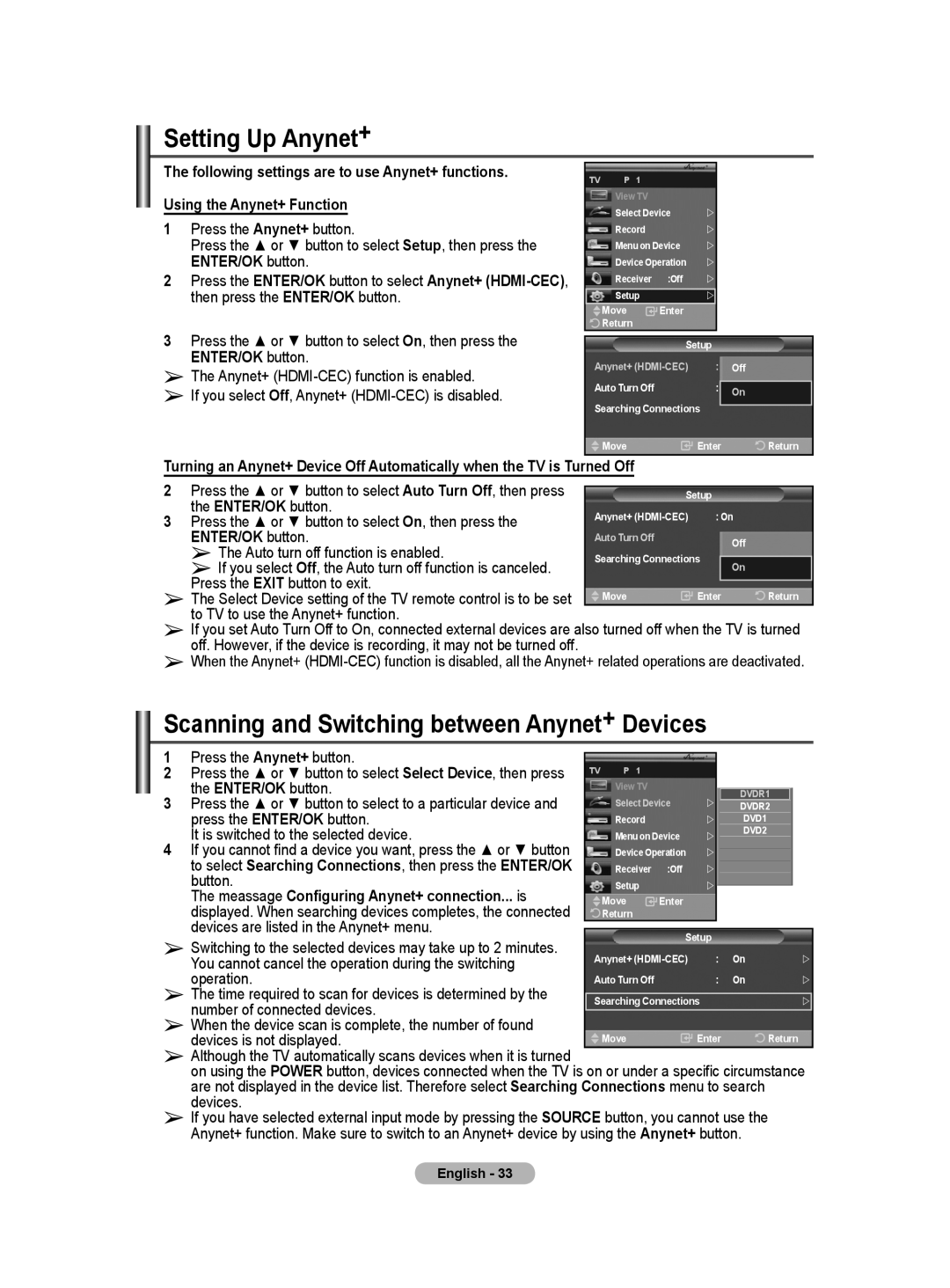 Samsung PS-42Q91HP, PS-50Q91HP manual Setting Up Anynet+, Scanning and Switching between Anynet+ Devices 