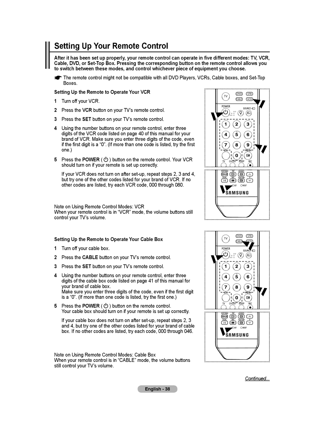 Samsung PS-50Q91HP, PS-42Q91HP manual Setting Up Your Remote Control 