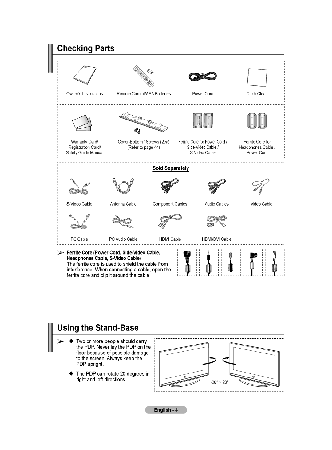 Samsung PS-50Q91HP, PS-42Q91HP manual Checking Parts, Using the Stand-Base, Sold Separately 