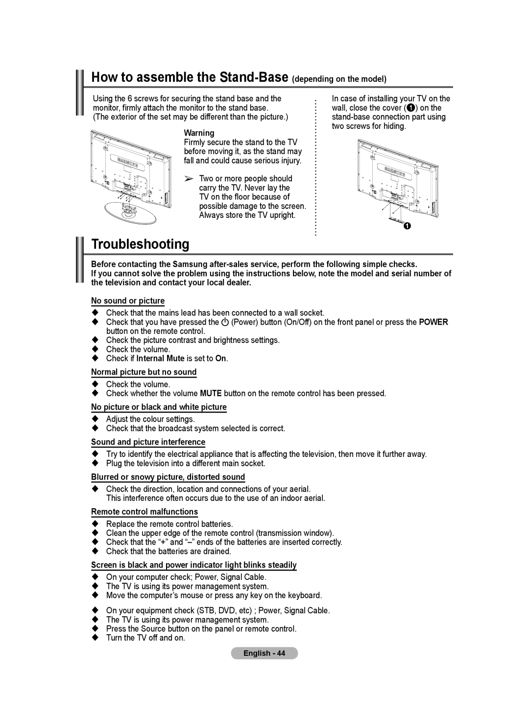 Samsung PS-50Q91HP, PS-42Q91HP manual How to assemble the Stand-Base depending on the model, Troubleshooting 