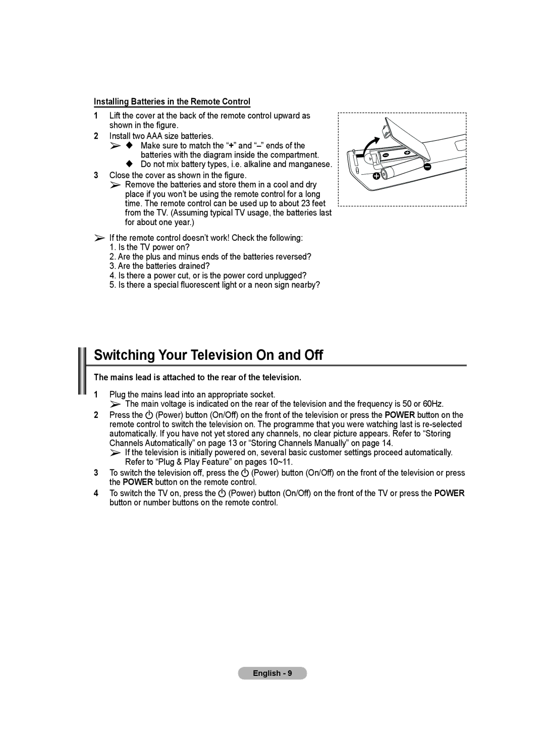 Samsung PS-42Q91HP, PS-50Q91HP manual Switching Your Television On and Off, Installing Batteries in the Remote Control 