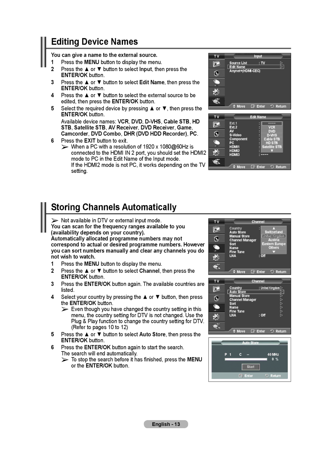 Samsung PS-58P96FD manual Editing Device Names, Storing Channels Automatically, You can give a name to the external source 