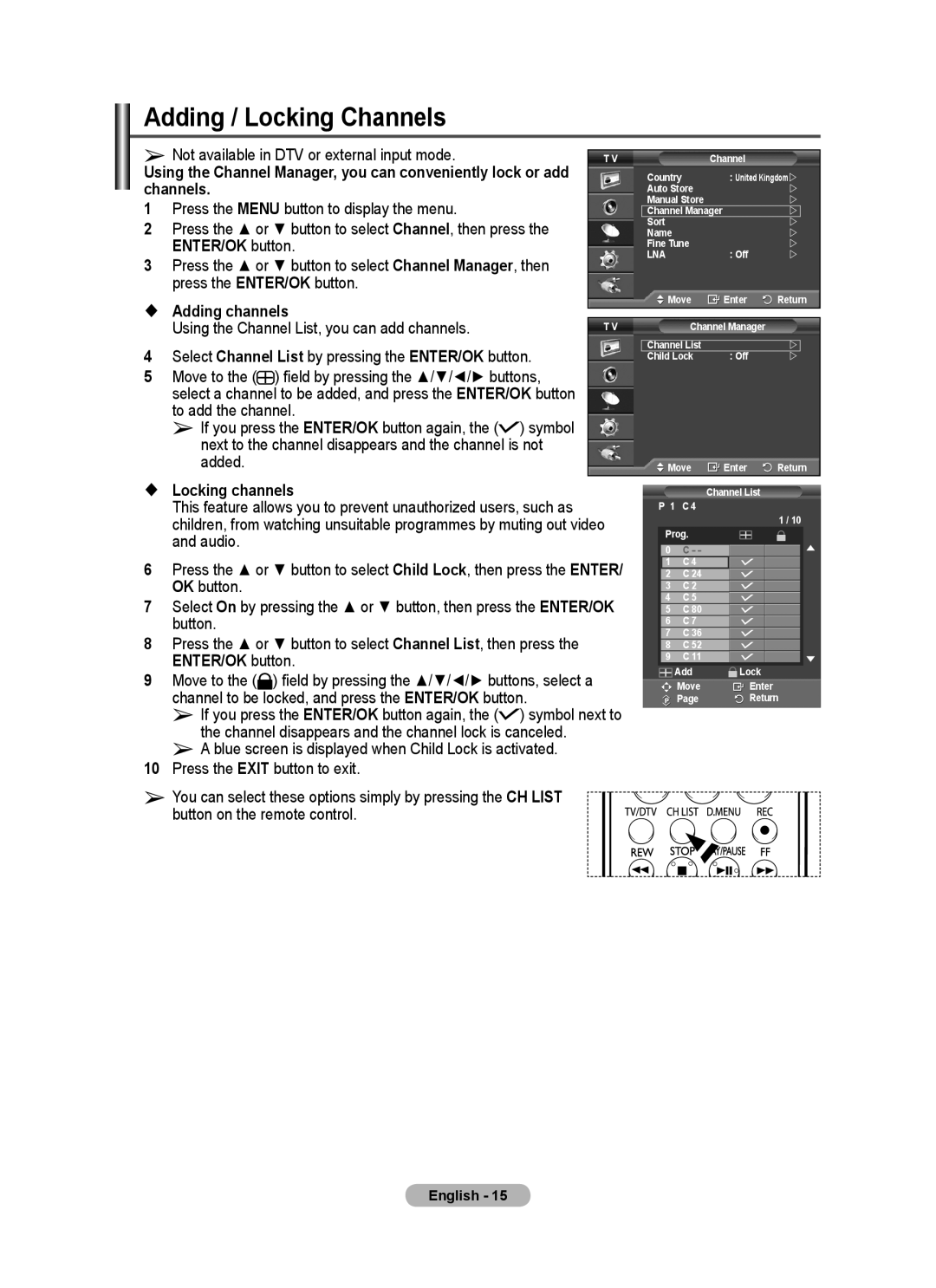 Samsung PS-58P96FD manual Adding / Locking Channels 