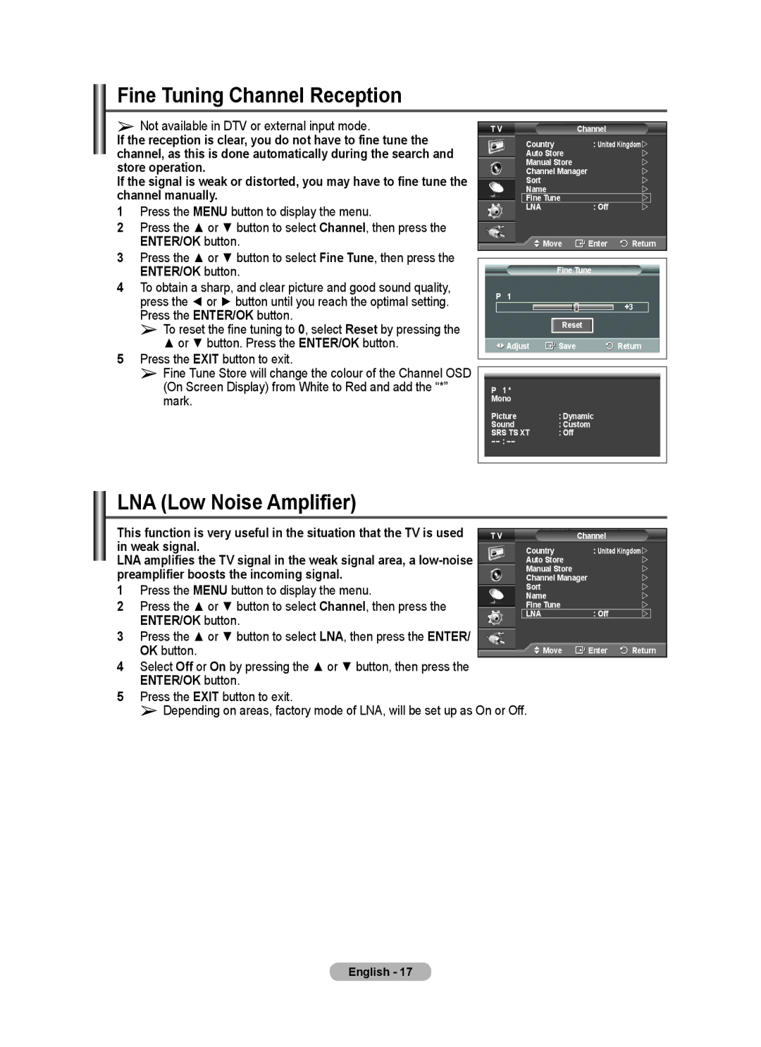 Samsung PS-58P96FD manual Fine Tuning Channel Reception, LNA Low Noise Amplifier, Weak signal 