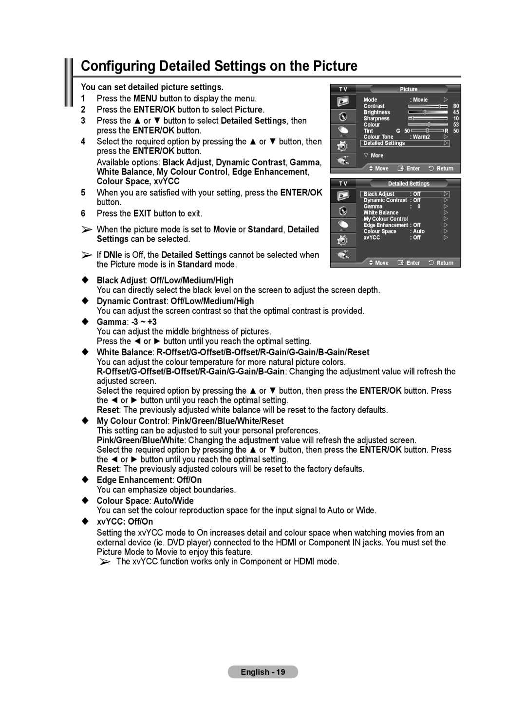 Samsung PS-58P96FD manual Configuring Detailed Settings on the Picture, You can set detailed picture settings 