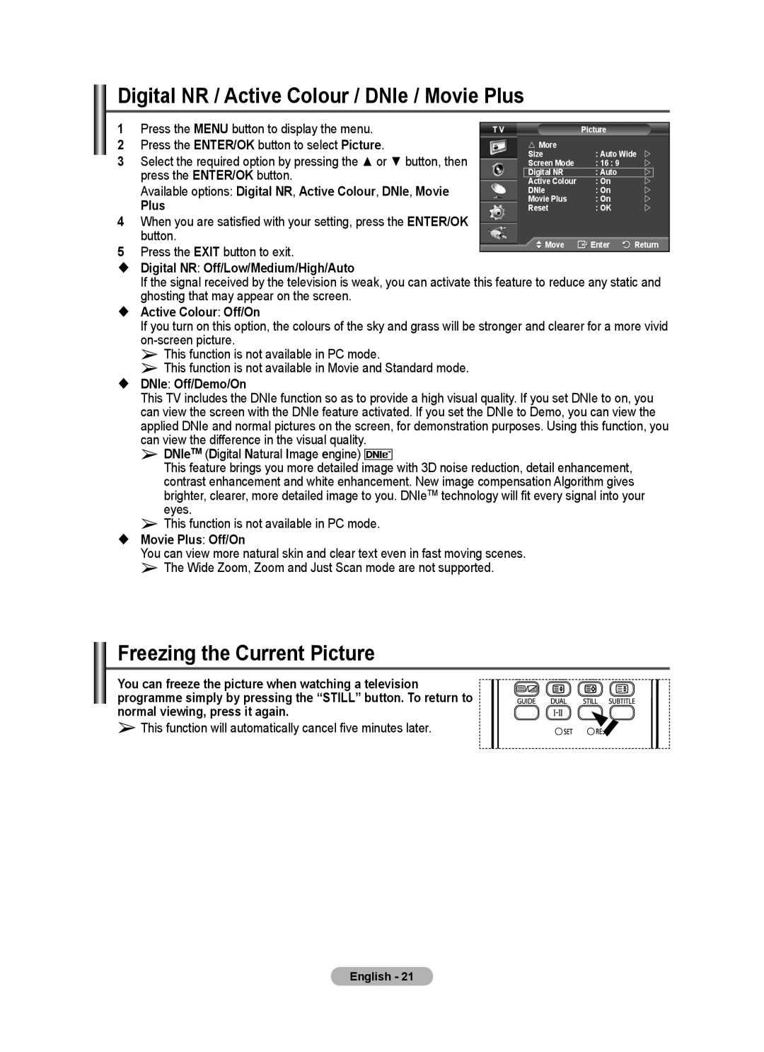 Samsung PS-58P96FD manual Digital NR / Active Colour / DNIe / Movie Plus, Freezing the Current Picture 