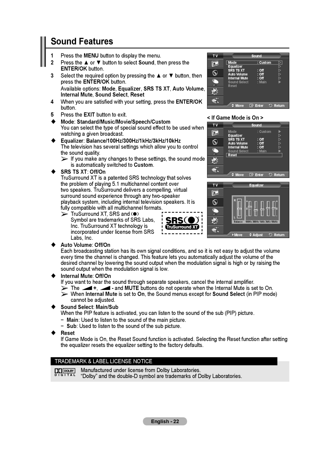 Samsung PS-58P96FD manual Sound Features 