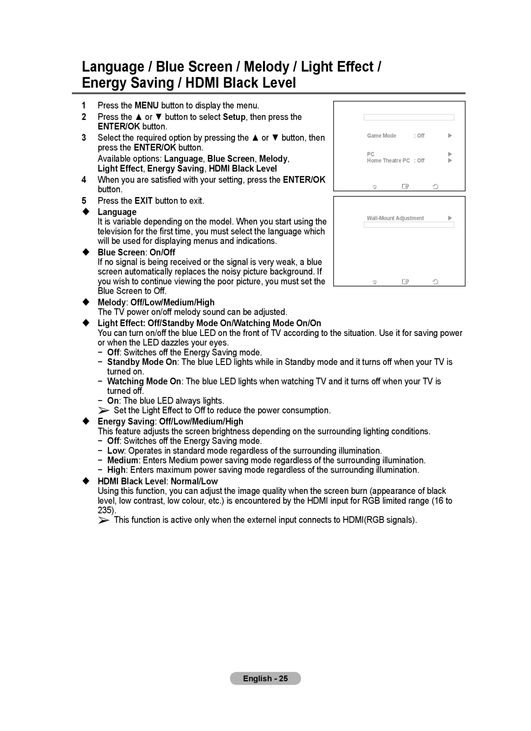 Samsung PS-58P96FD manual Press the or button to select Setup, then press, Available options Language, Blue Screen, Melody 