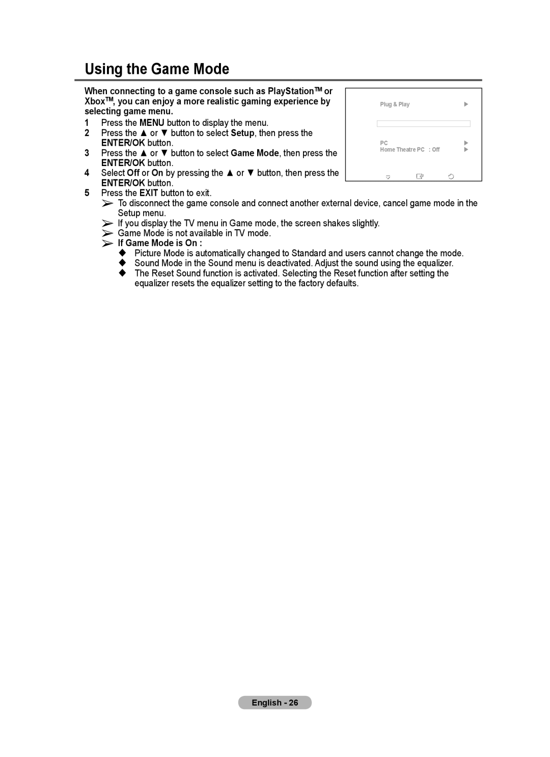 Samsung PS-58P96FD manual Using the Game Mode, Selecting game menu 