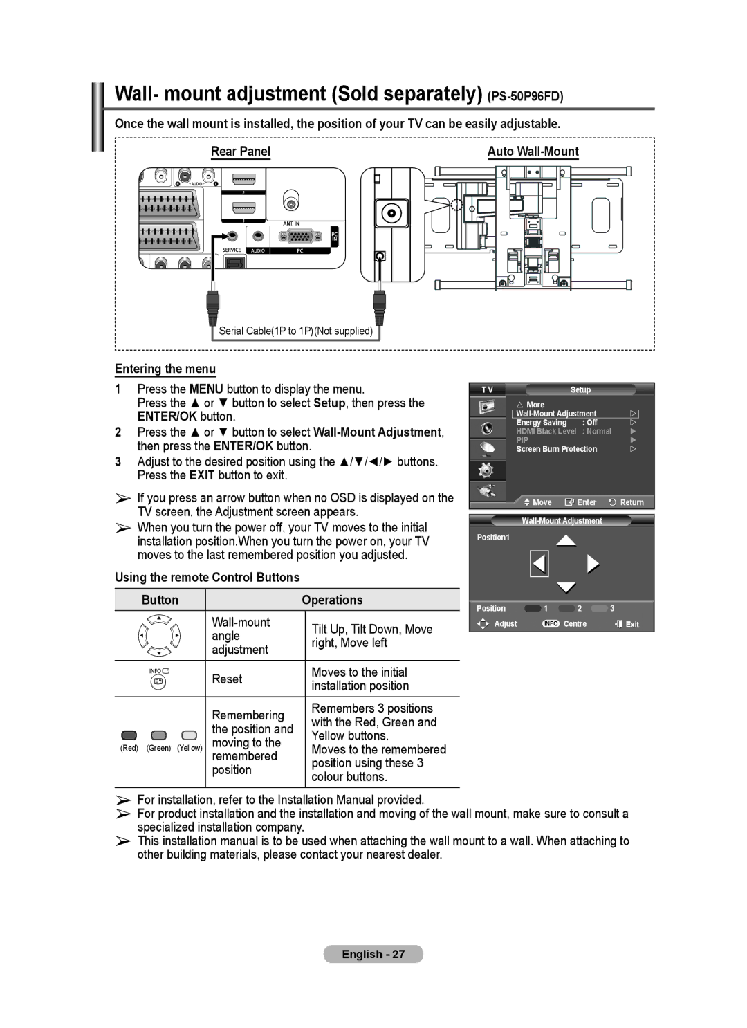 Samsung PS-58P96FD Wall- mount adjustment Sold separately PS-50P96FD, Entering the menu, Using the remote Control Buttons 