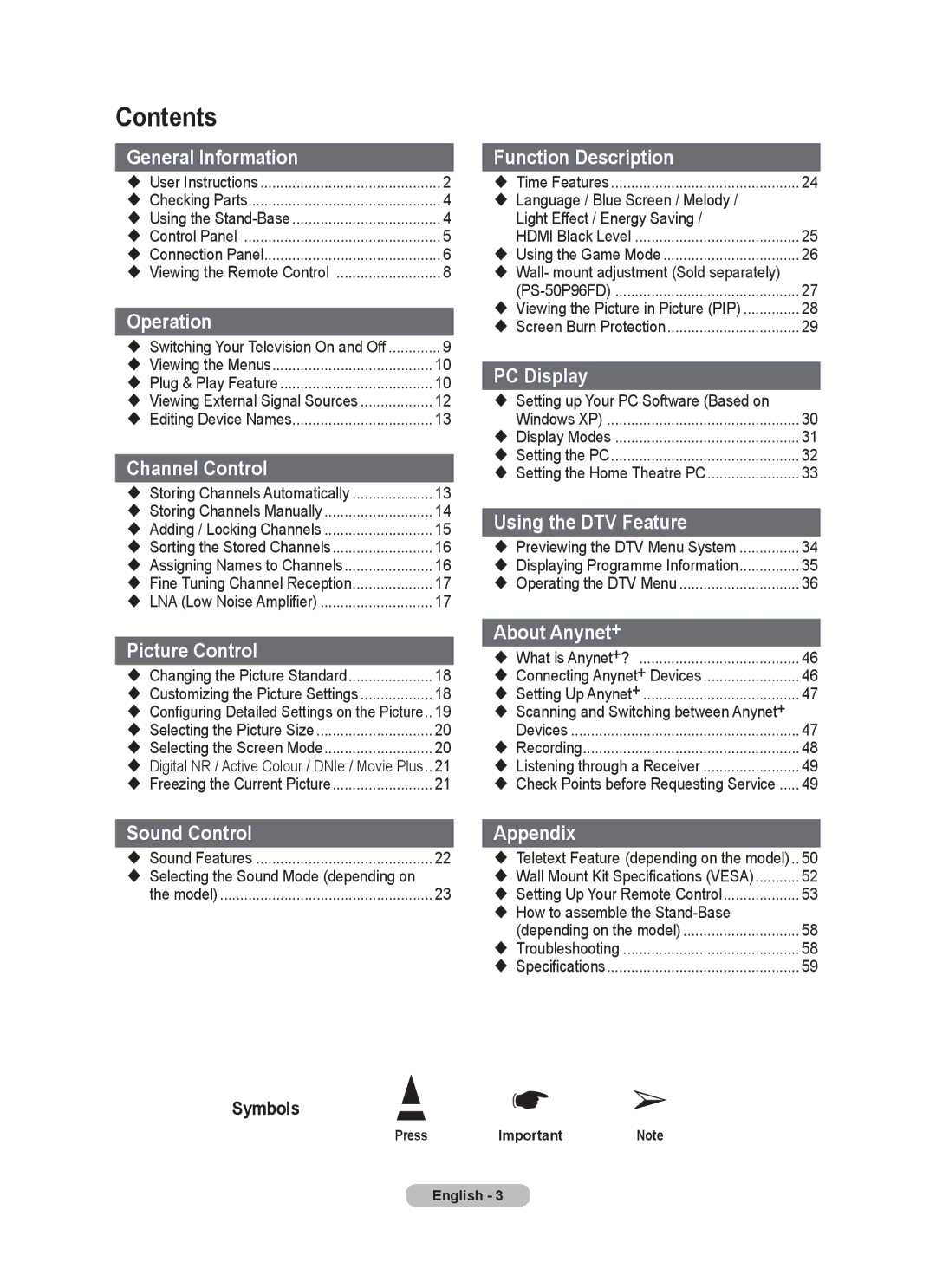 Samsung PS-58P96FD manual Contents 