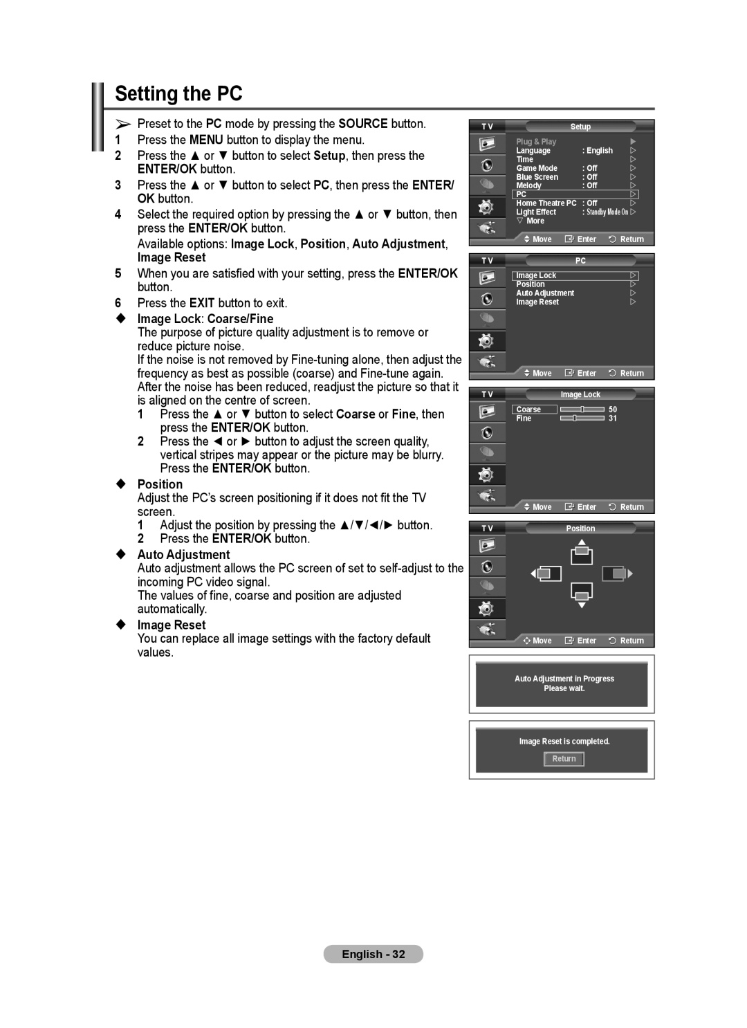 Samsung PS-58P96FD manual Setting the PC,  Image Lock Coarse/Fine,  Auto Adjustment,  Image Reset 