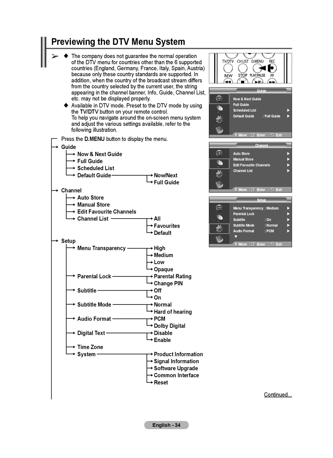 Samsung PS-58P96FD manual Previewing the DTV Menu System 