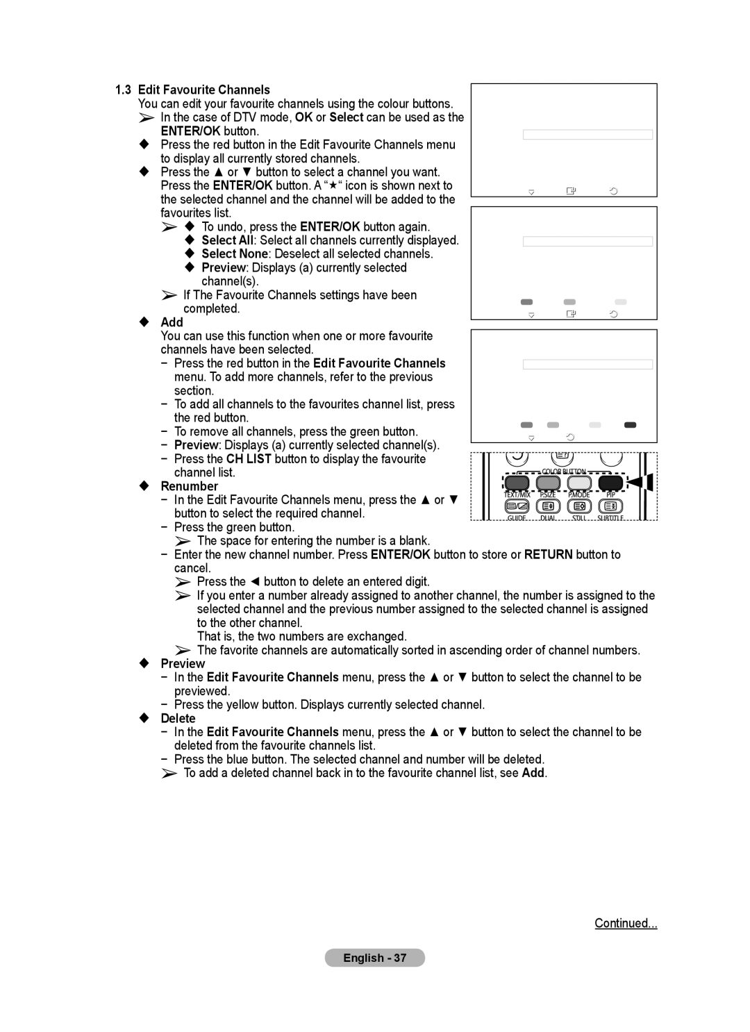 Samsung PS-58P96FD Edit Favourite Channels, To display all currently stored channels, Favourites list, Completed,  Add 