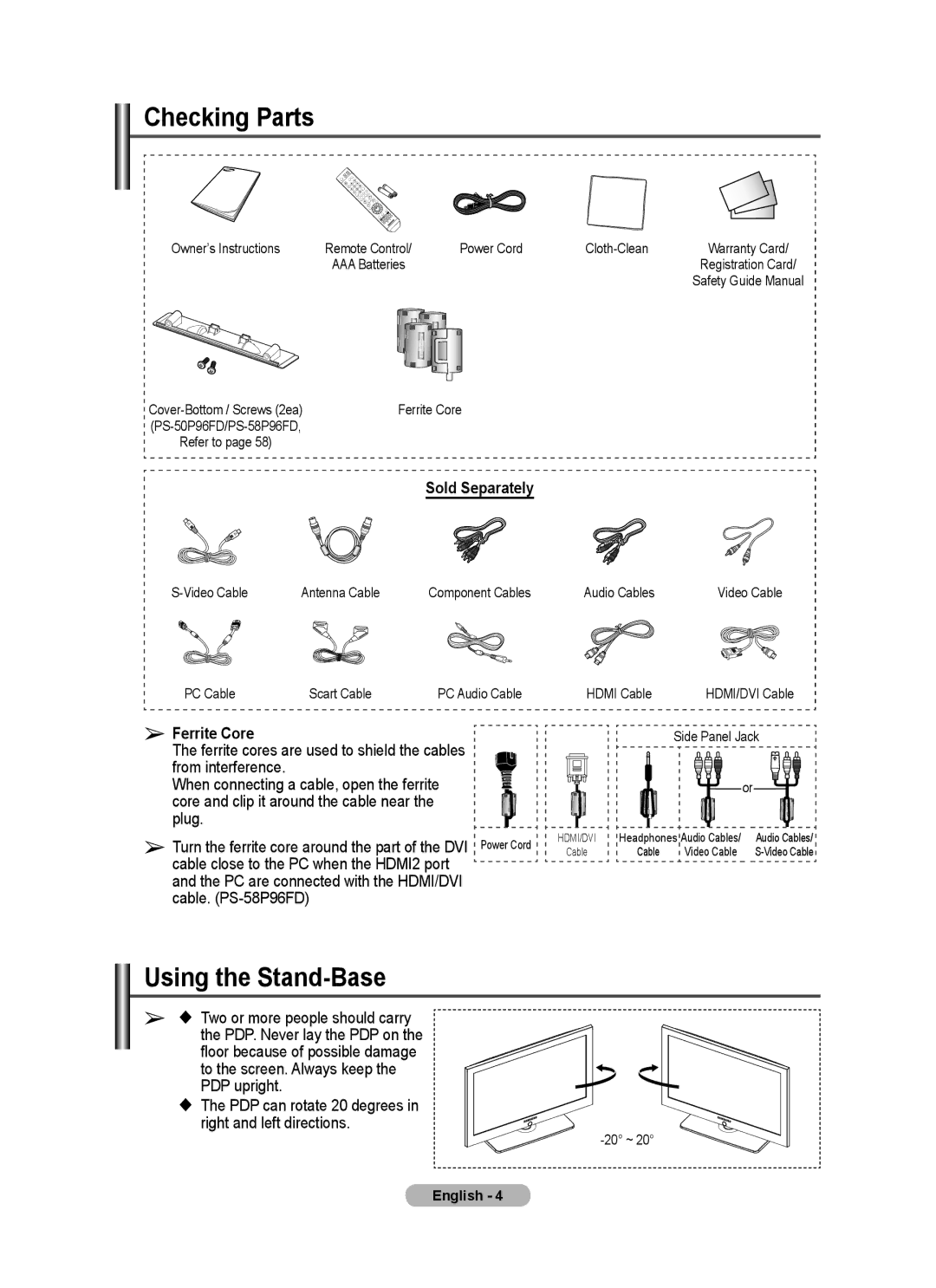 Samsung manual Checking Parts, Using the Stand-Base, Ferrite Core, Cable. PS-58P96FD 