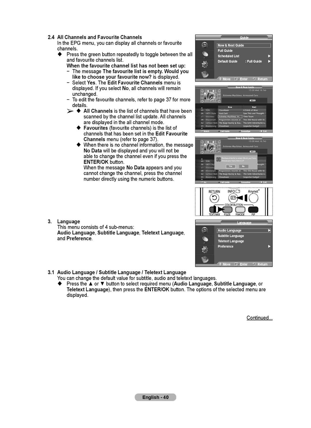 Samsung PS-58P96FD manual All Channels and Favourite Channels, Language, This menu consists of 4 sub-menus 