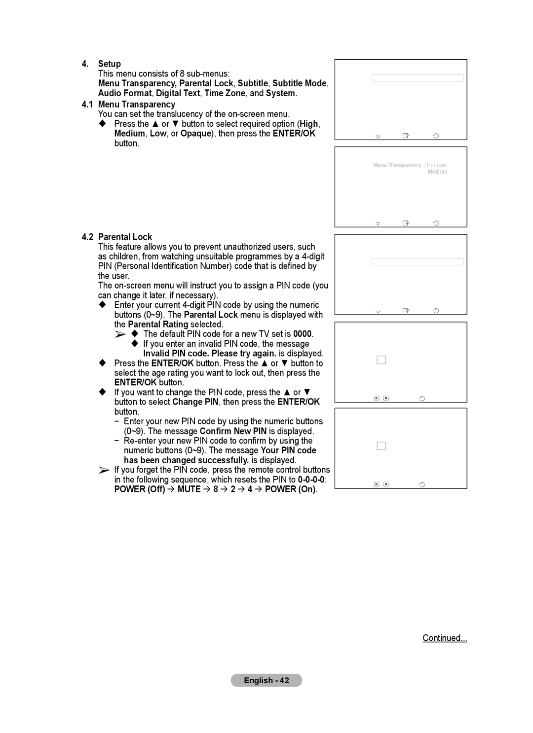 Samsung PS-58P96FD manual This menu consists of 8 sub-menus, Menu Transparency, Parental Lock 