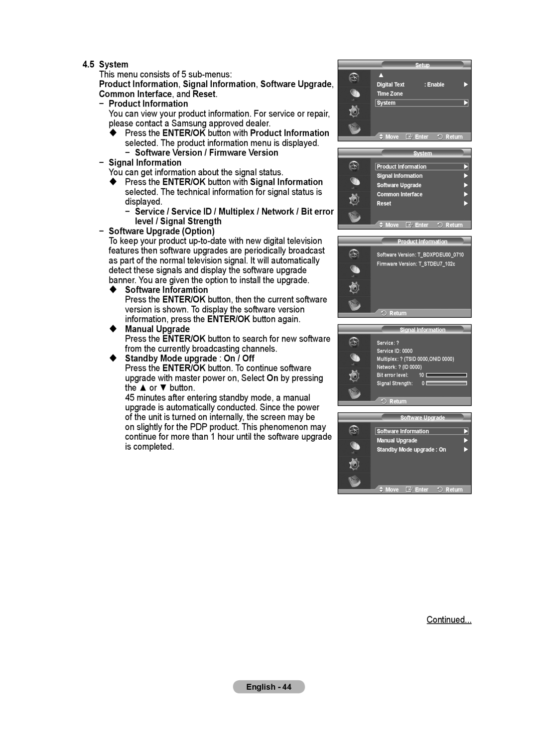 Samsung PS-58P96FD manual System, Software Version / Firmware Version − Signal Information,  Software Inforamtion 