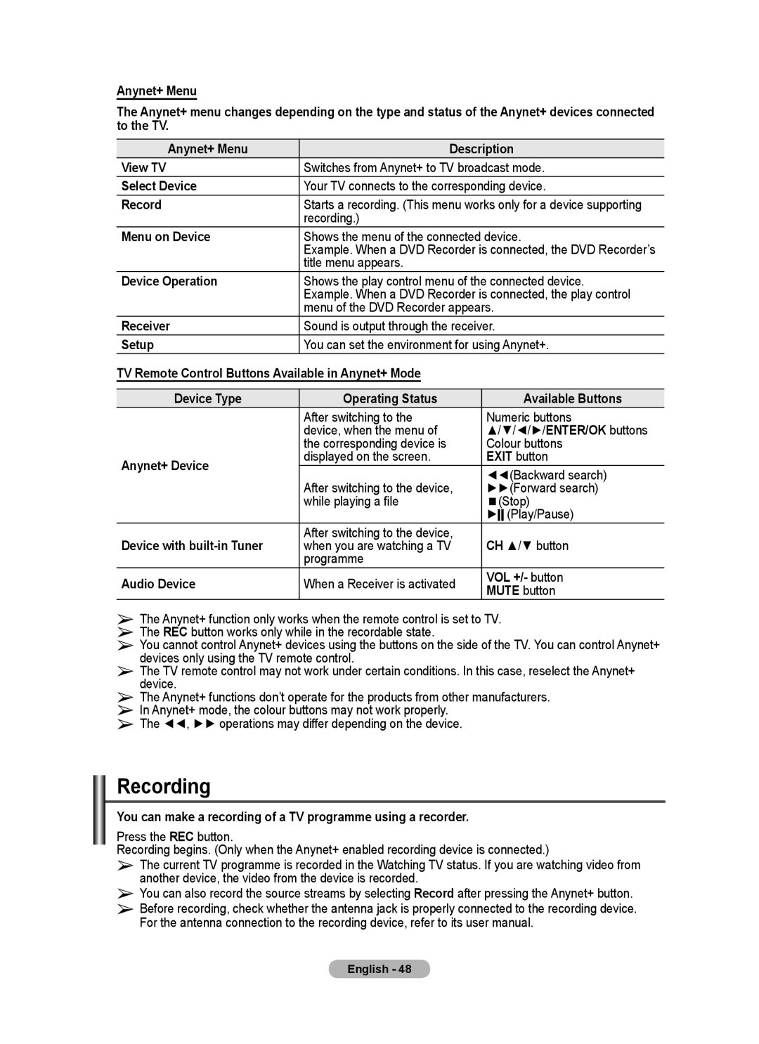 Samsung PS-58P96FD manual Recording 