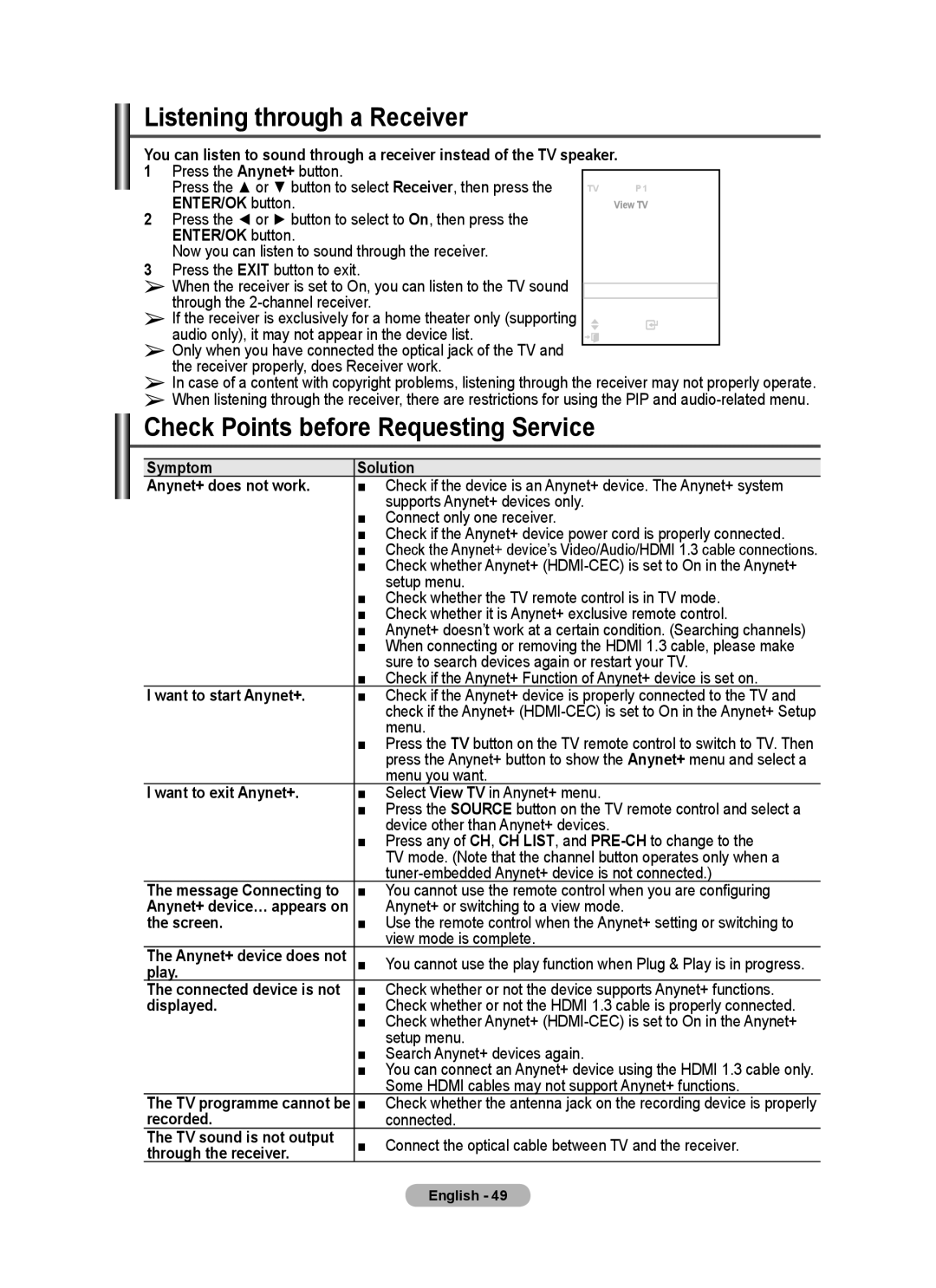 Samsung PS-58P96FD manual Listening through a Receiver 