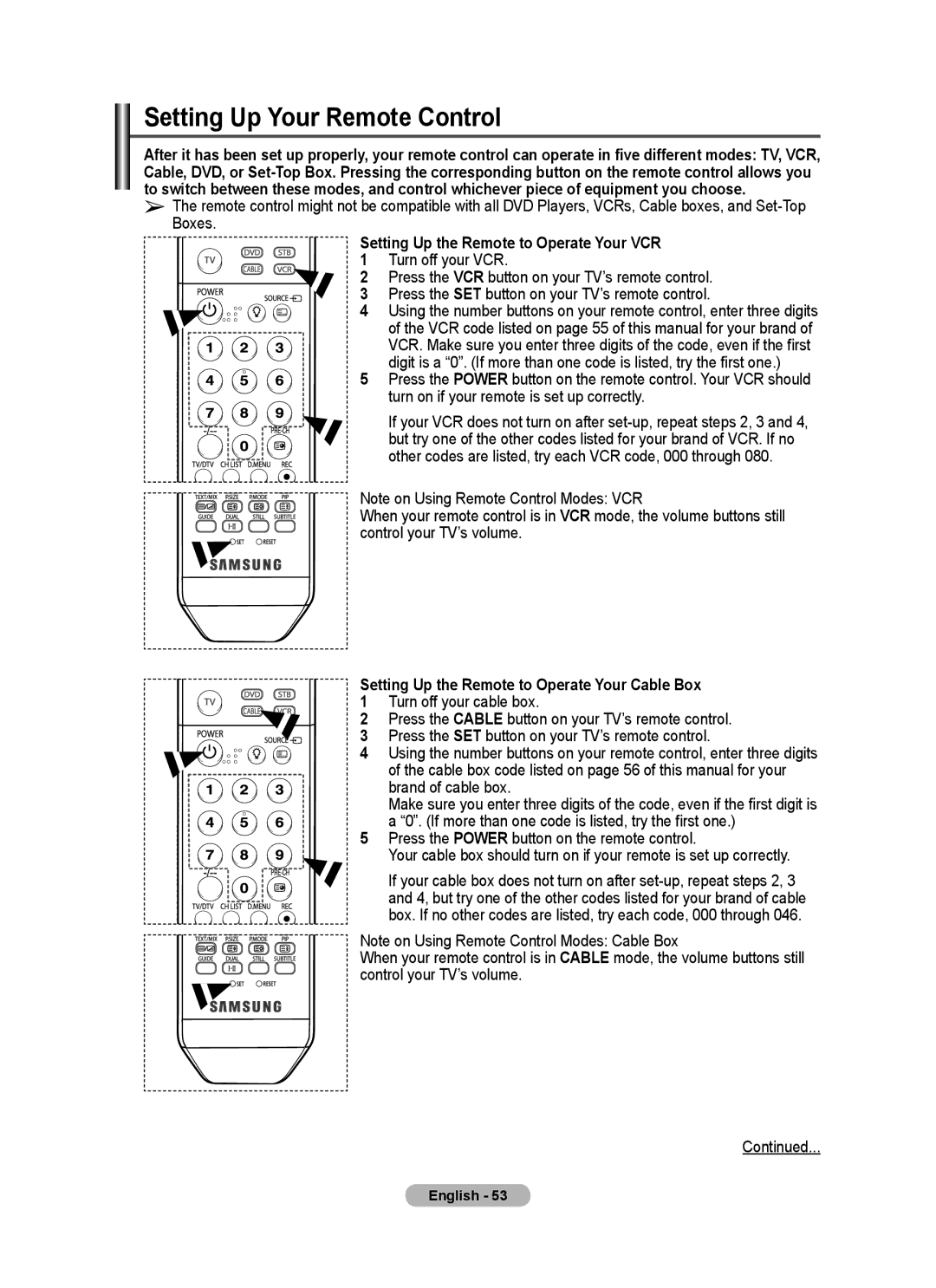 Samsung PS-58P96FD manual Setting Up Your Remote Control, Setting Up the Remote to Operate Your VCR 