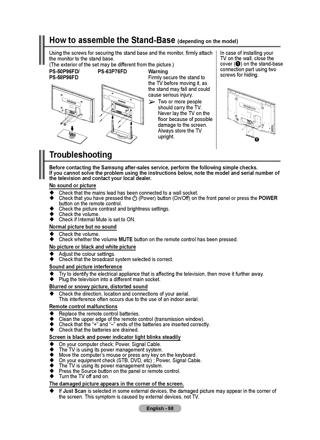 Samsung PS-58P96FD manual How to assemble the Stand-Base depending on the model, Troubleshooting 