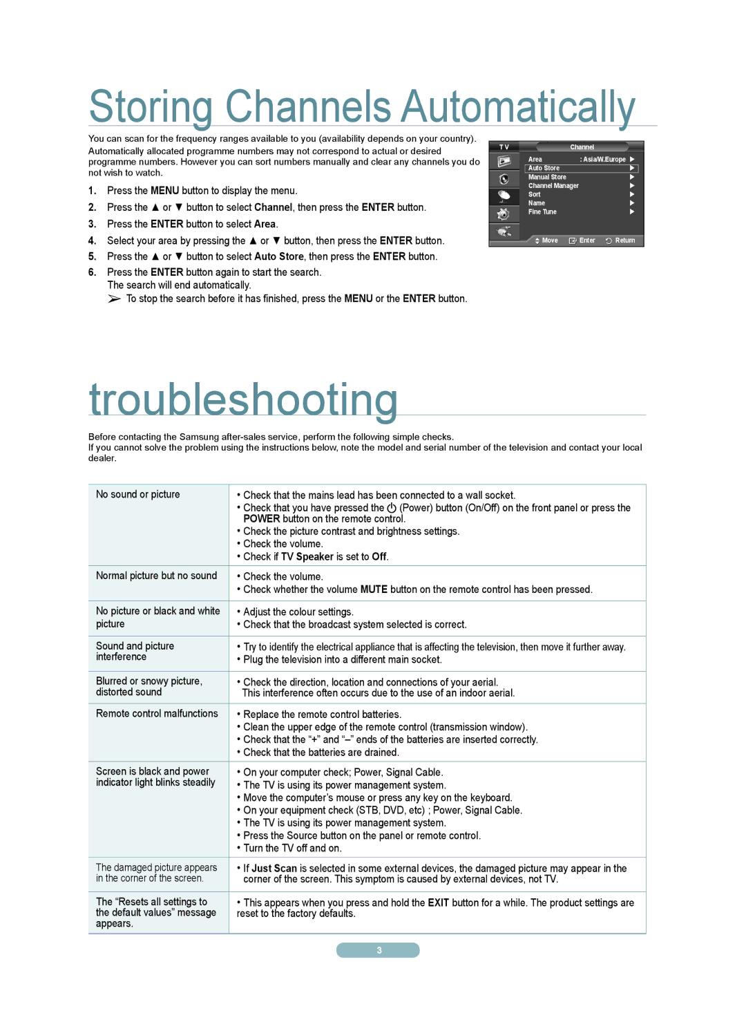 Samsung PS42A450P1 quick start Troubleshooting, Storing Channels Automatically 