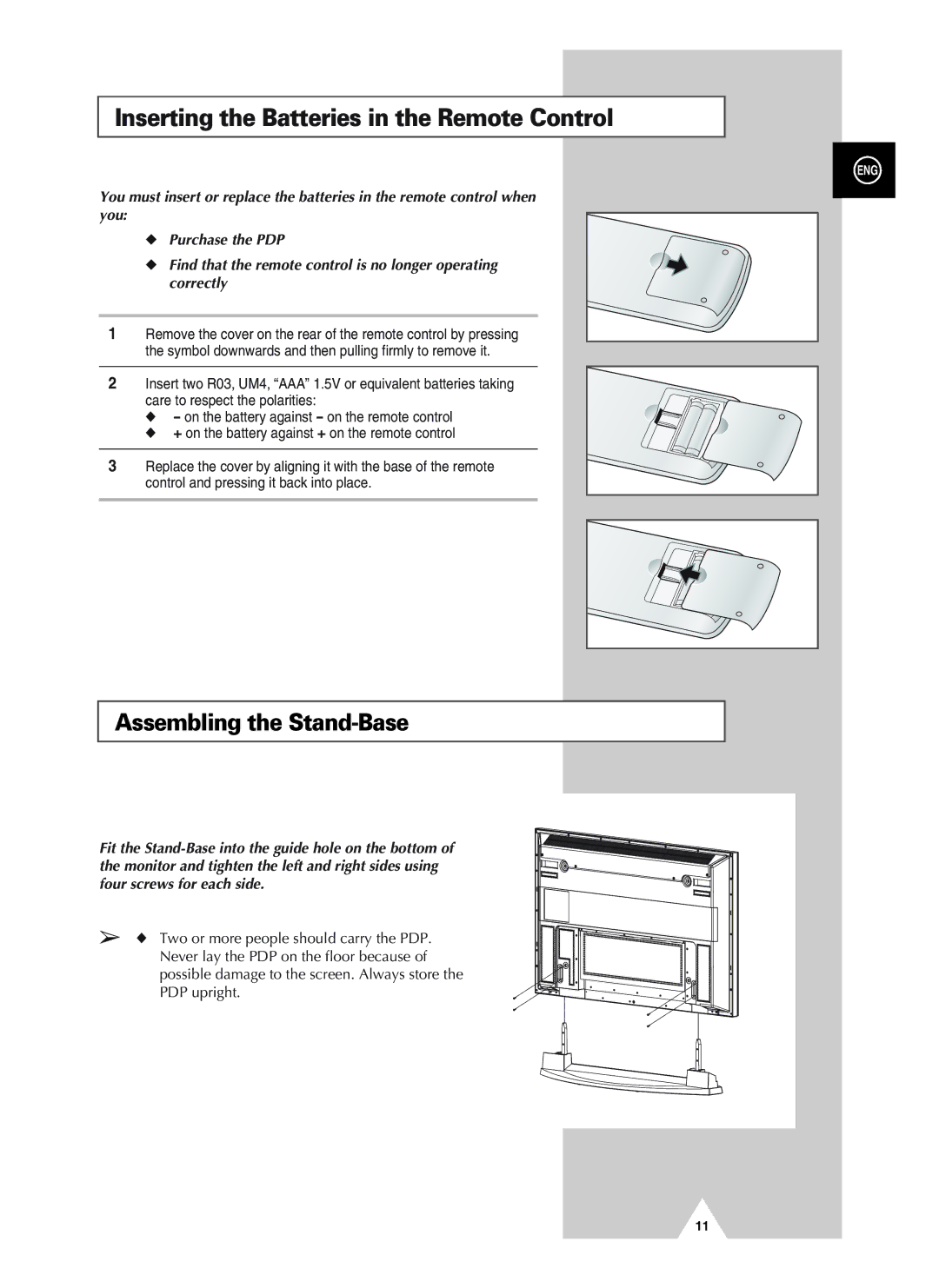 Samsung PS42D4ST manual Inserting the Batteries in the Remote Control 