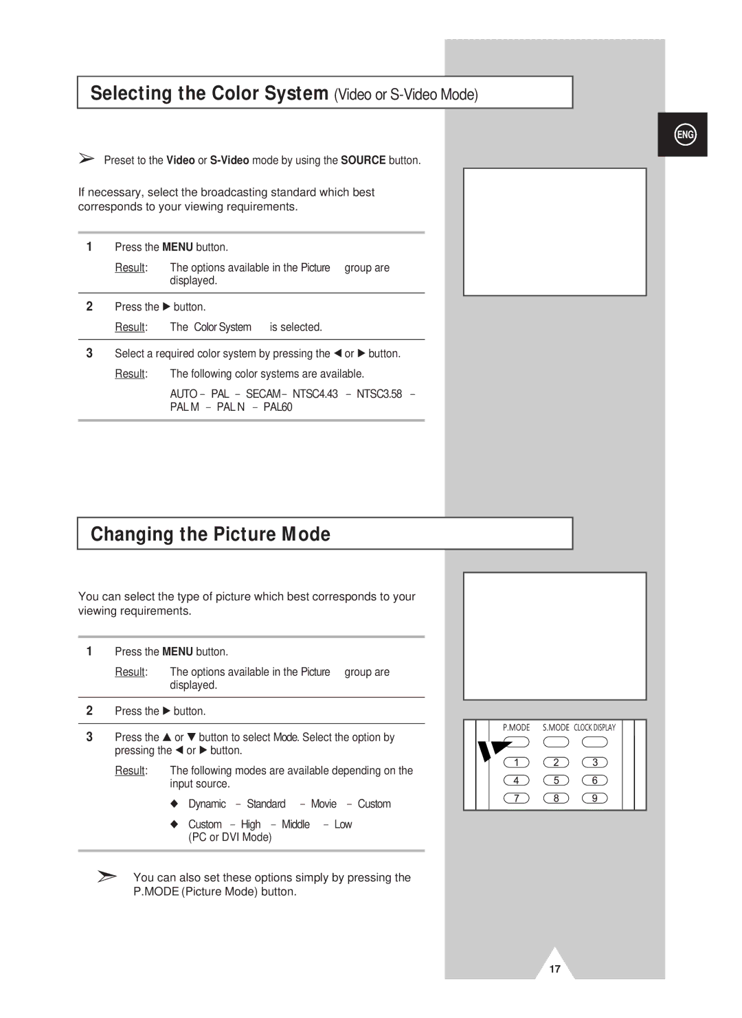 Samsung PS42D4ST manual Selecting the Color System Video or S-Video Mode, Changing the Picture Mode 