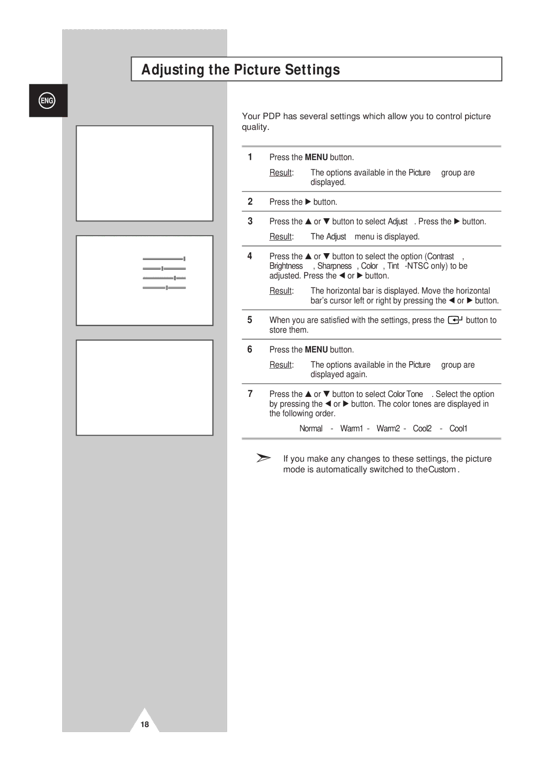 Samsung PS42D4ST manual Adjusting the Picture Settings, Normal Warm1 Warm2 Cool2 Cool1 