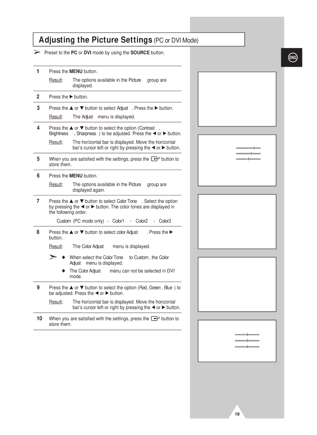 Samsung PS42D4ST manual Adjusting the Picture Settings PC or DVI Mode, Custom PC mode only Color1 Color2 Color3 