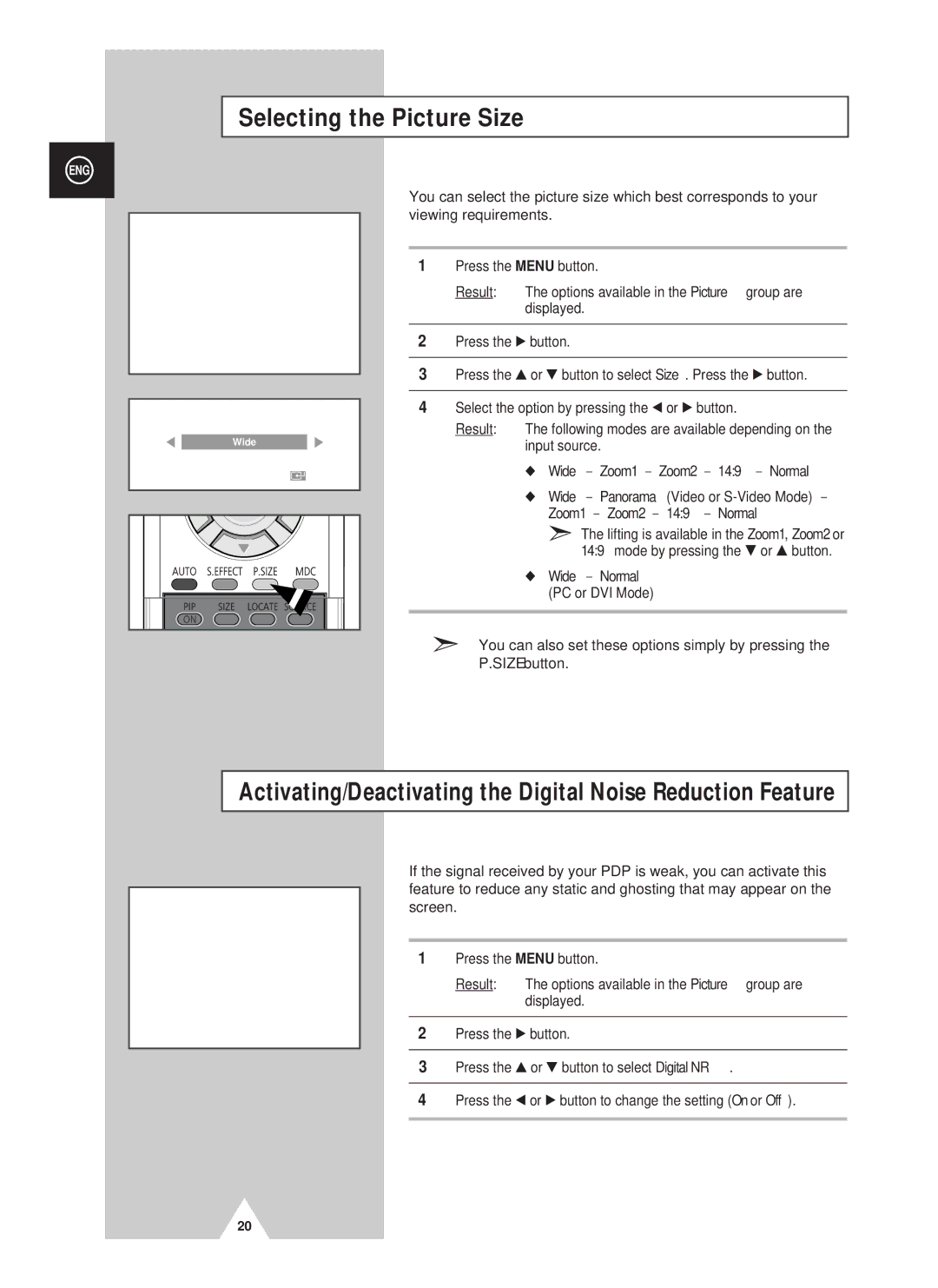 Samsung PS42D4ST manual Selecting the Picture Size, Viewing requirements 