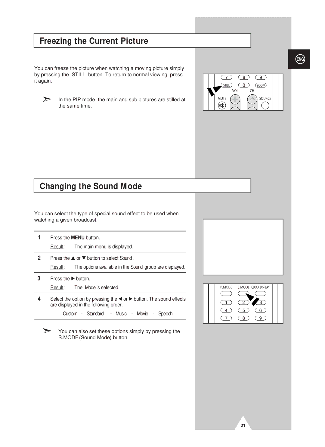 Samsung PS42D4ST manual Freezing the Current Picture, Changing the Sound Mode 