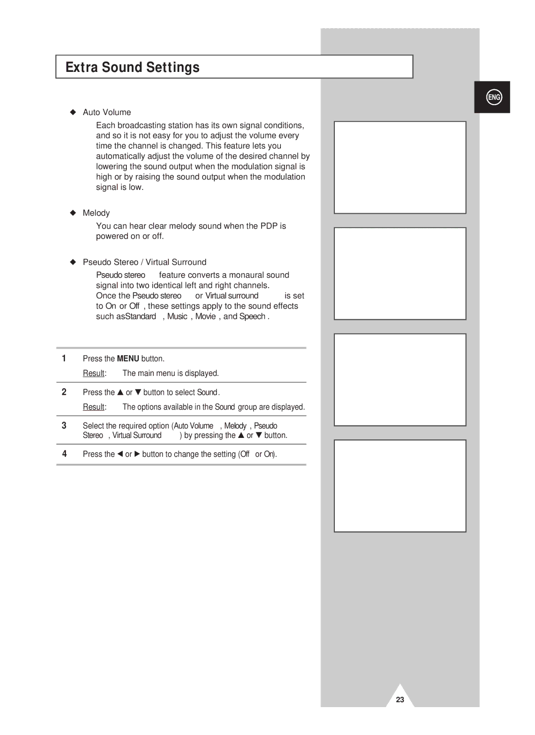 Samsung PS42D4ST manual Extra Sound Settings, Auto Volume, Melody, Pseudo Stereo / Virtual Surround 