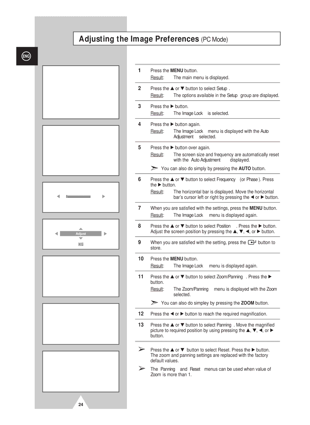 Samsung PS42D4ST manual Adjusting the Image Preferences PC Mode 