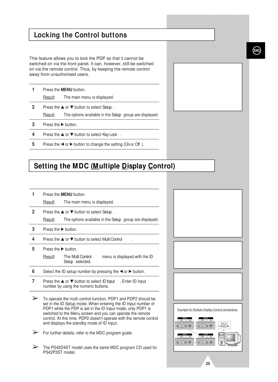 Samsung PS42D4ST manual Locking the Control buttons, Setting the MDC Multiple Display Control 