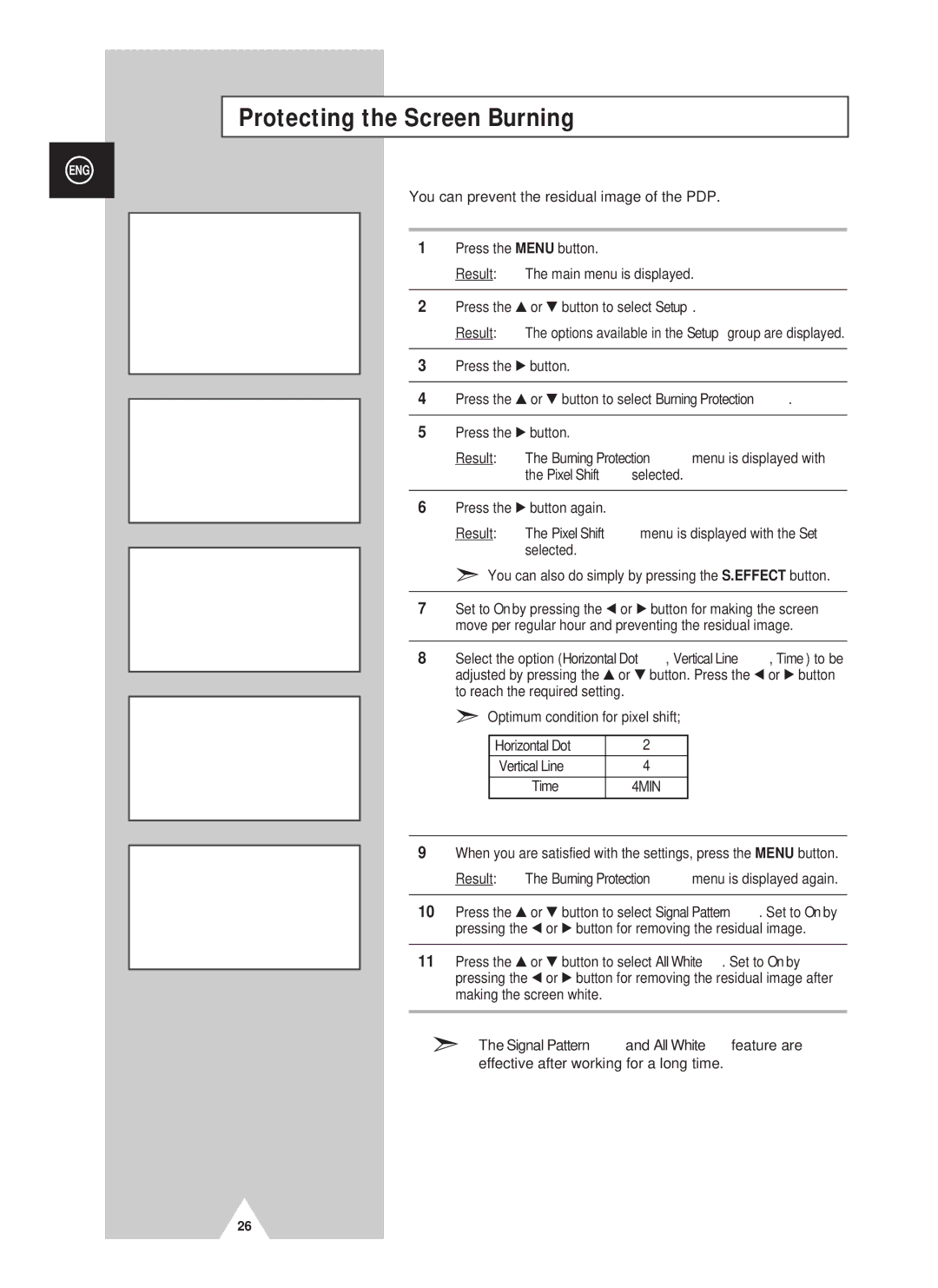 Samsung PS42D4ST manual Protecting the Screen Burning, You can prevent the residual image of the PDP 