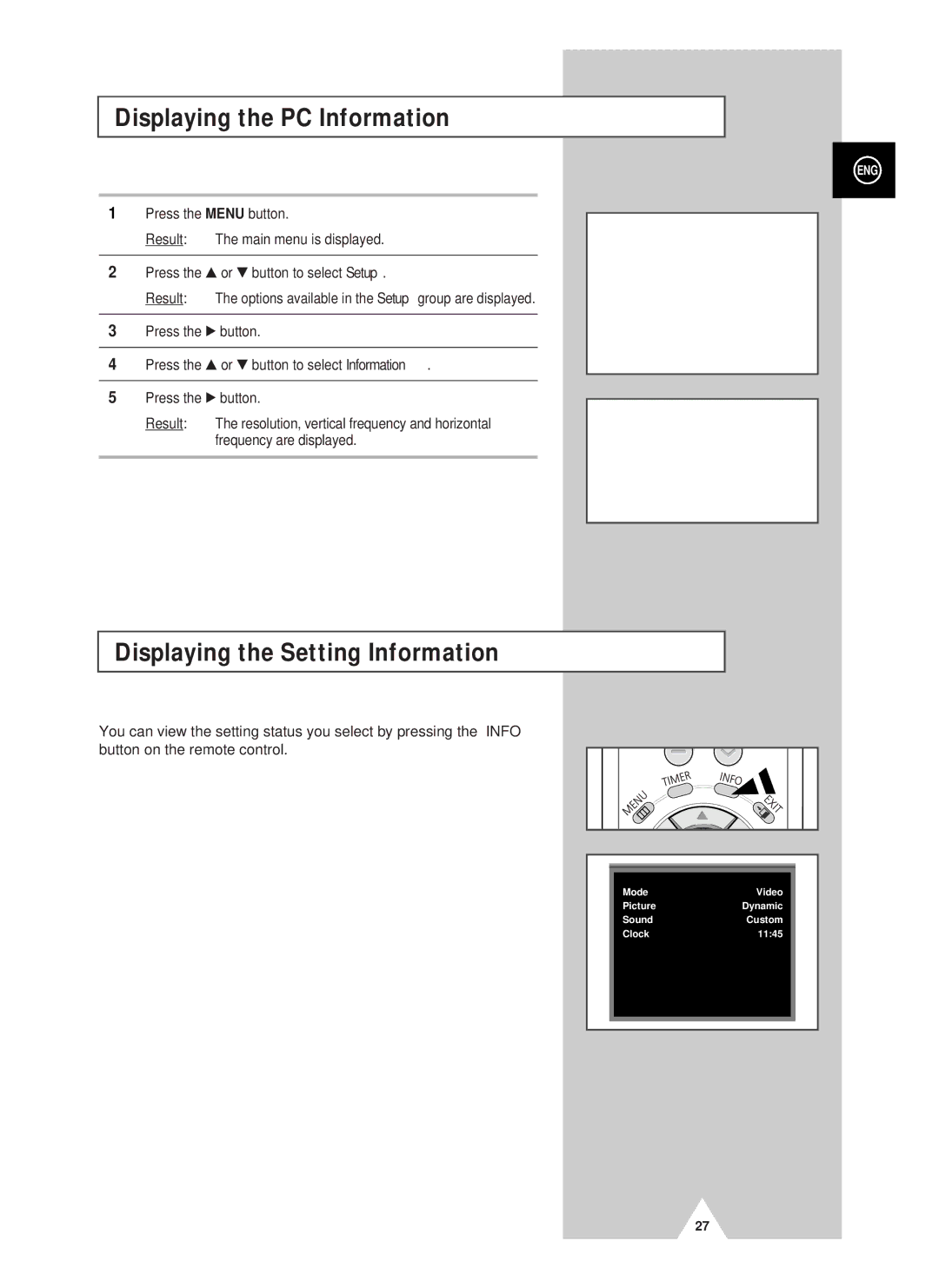 Samsung PS42D4ST manual Displaying the PC Information, Displaying the Setting Information 