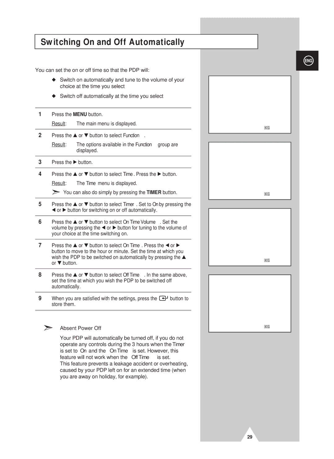 Samsung PS42D4ST manual Switching On and Off Automatically, Absent Power Off 