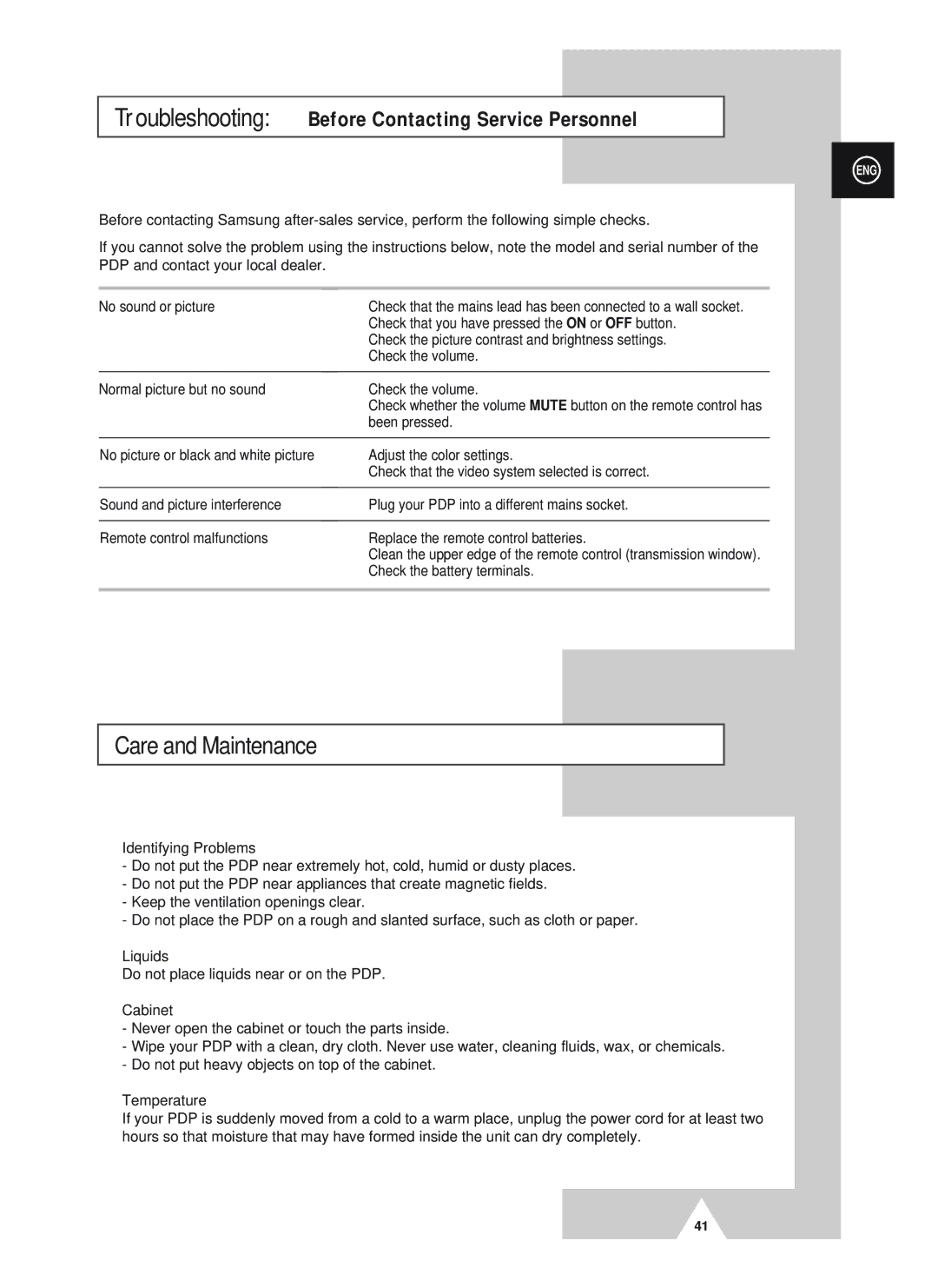 Samsung PS42D4ST manual Care and Maintenance, Identifying Problems, Liquids, Cabinet, Temperature 