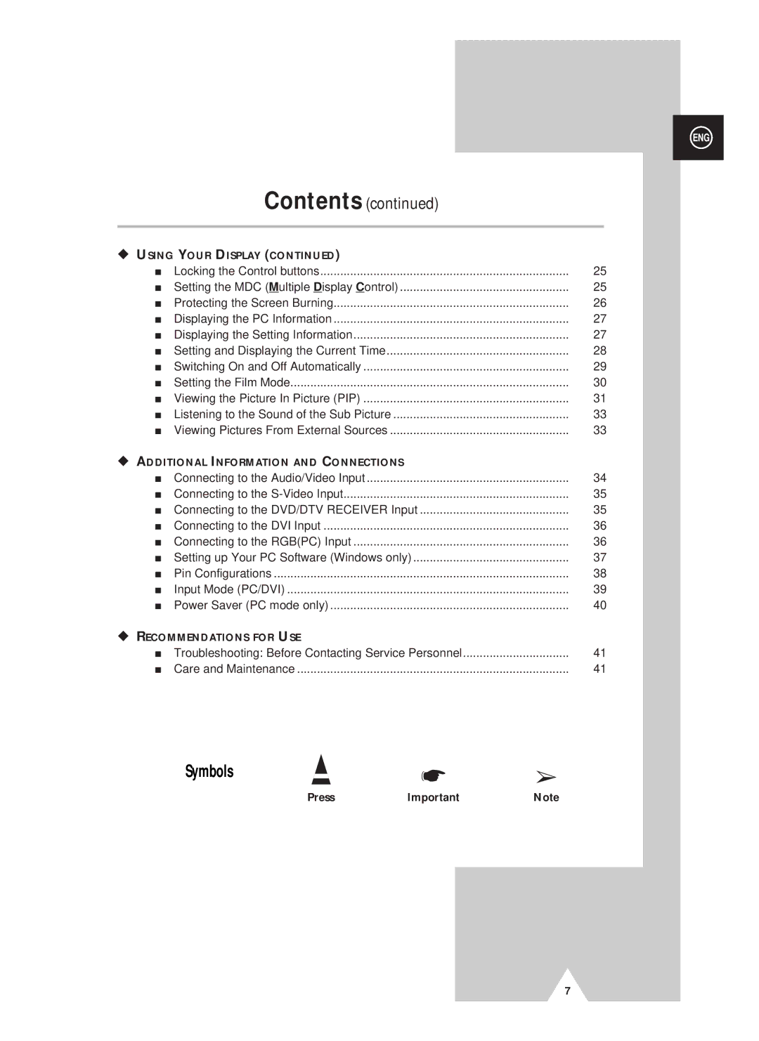 Samsung PS42D4ST manual Symbols, Contents 