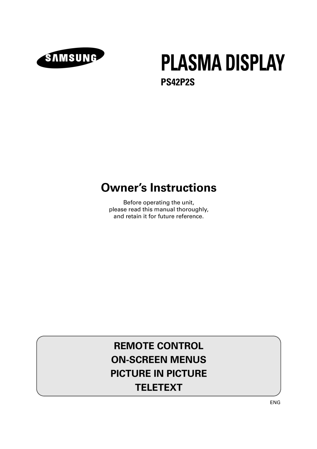 Samsung PS42P2S manual Plasma Display 