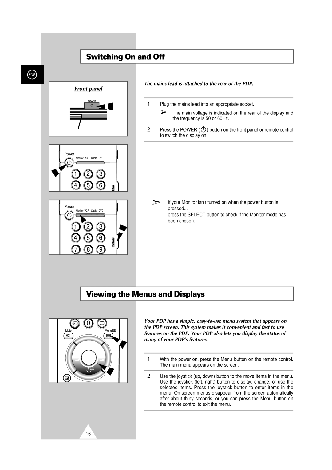 Samsung PS42P2S manual Switching On and Off, Viewing the Menus and Displays 