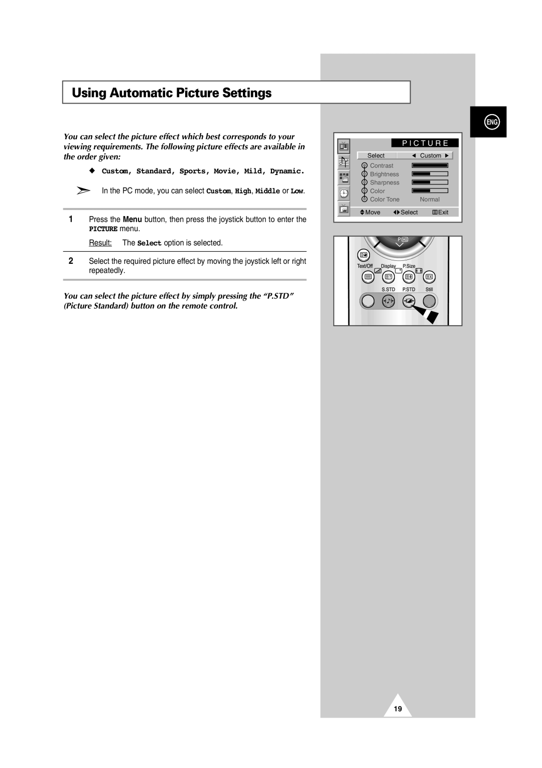 Samsung PS42P2S manual Using Automatic Picture Settings, Picture menu 