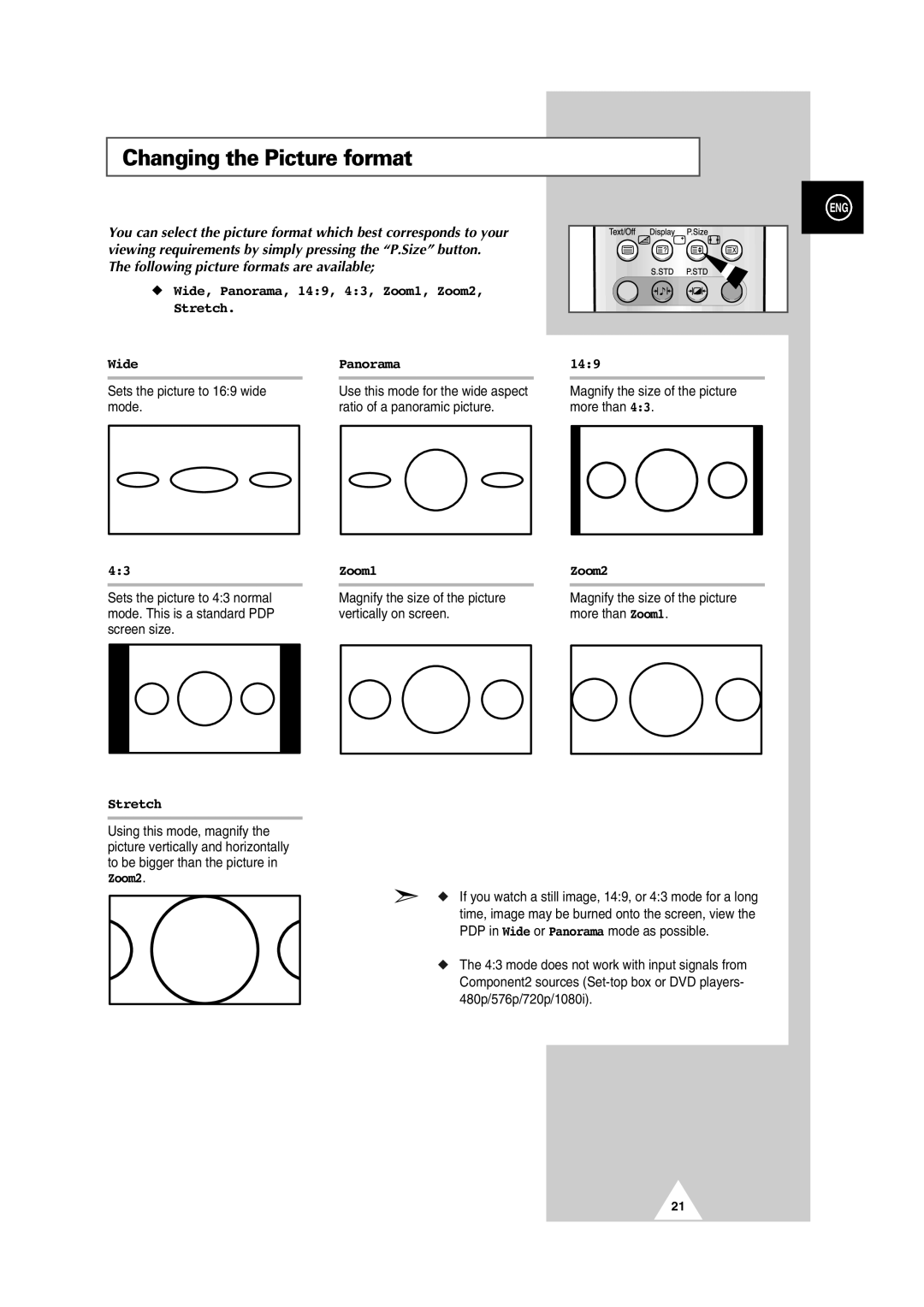 Samsung PS42P2S manual Changing the Picture format, Wide, Panorama, 149, 43, Zoom1, Zoom2 Stretch, Zoom1 Zoom2 