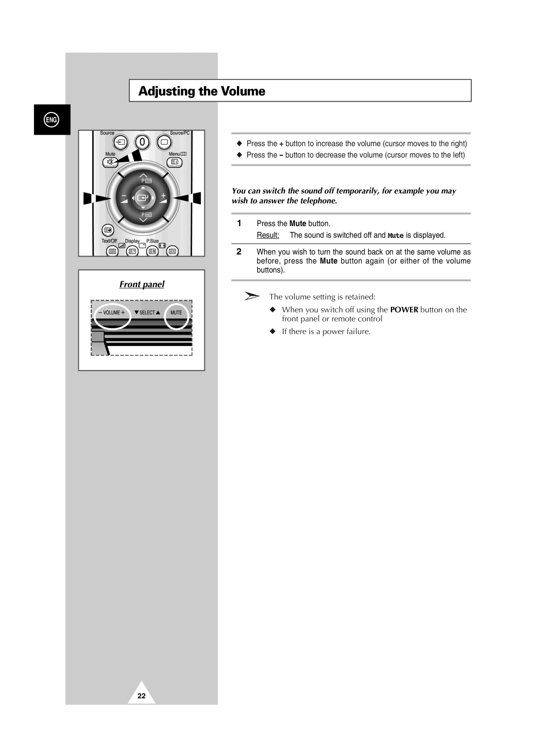 Samsung PS42P2S manual Adjusting the Volume 