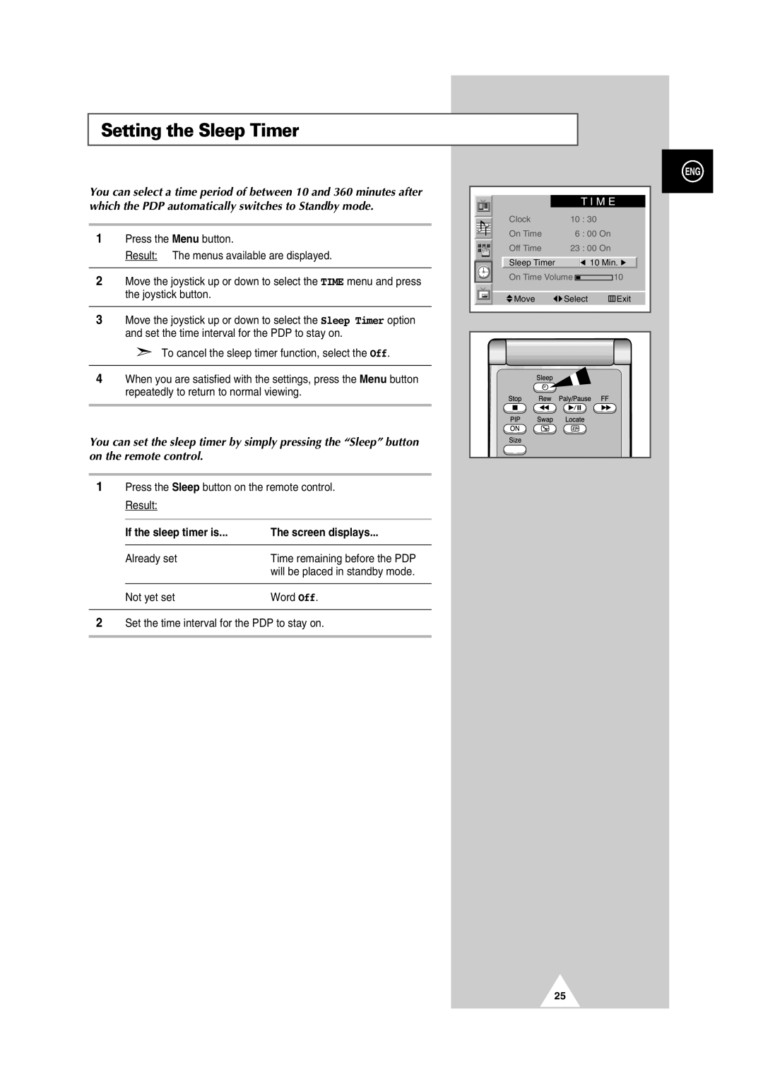 Samsung PS42P2S manual Setting the Sleep Timer, If the sleep timer is Screen displays 