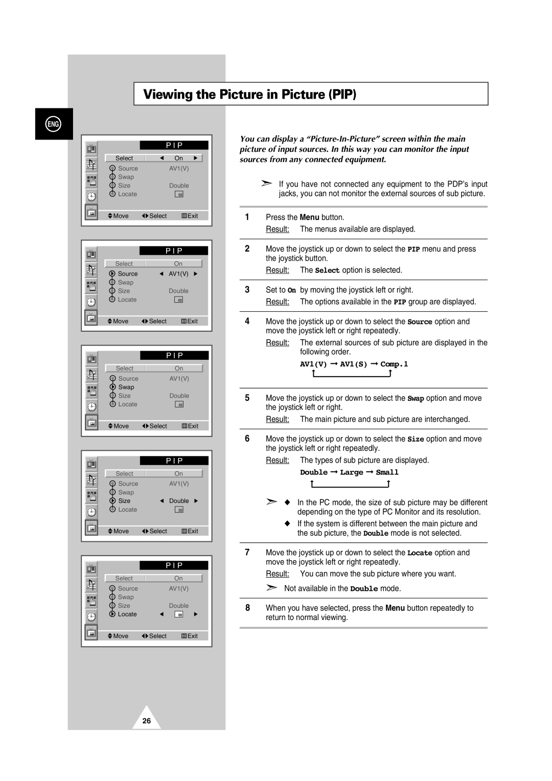 Samsung PS42P2S manual Viewing the Picture in Picture PIP, AV1V AV1S Comp.1, Double Large Small 