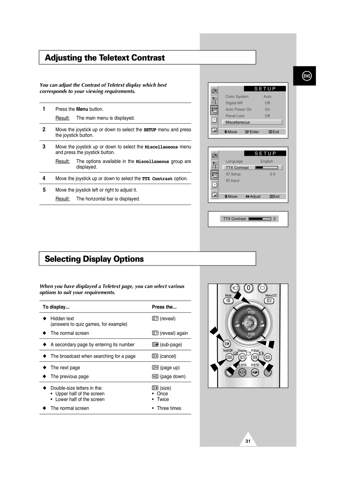 Samsung PS42P2S manual Adjusting the Teletext Contrast, To display Press 