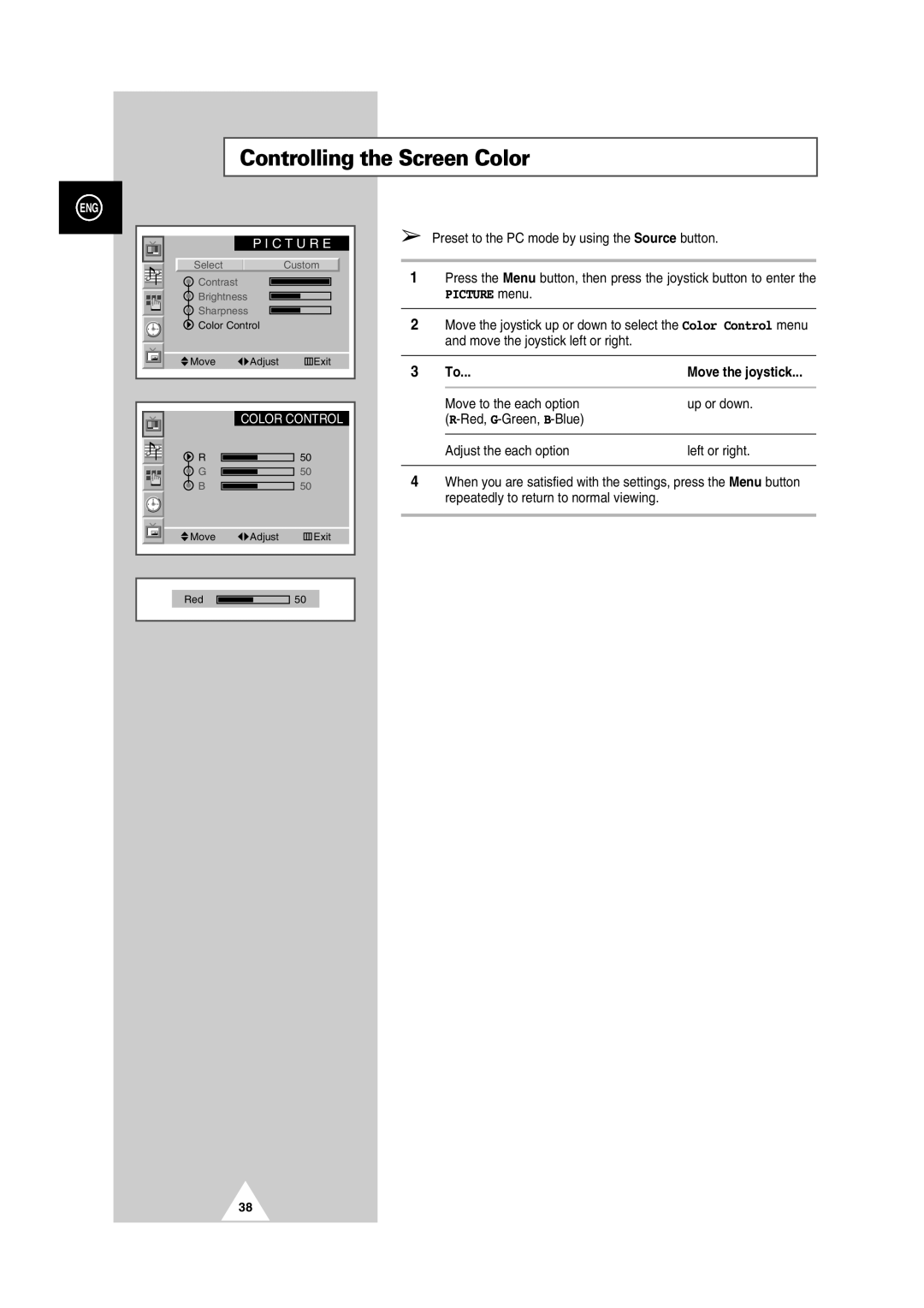 Samsung PS42P2S manual Controlling the Screen Color, Picture menu 